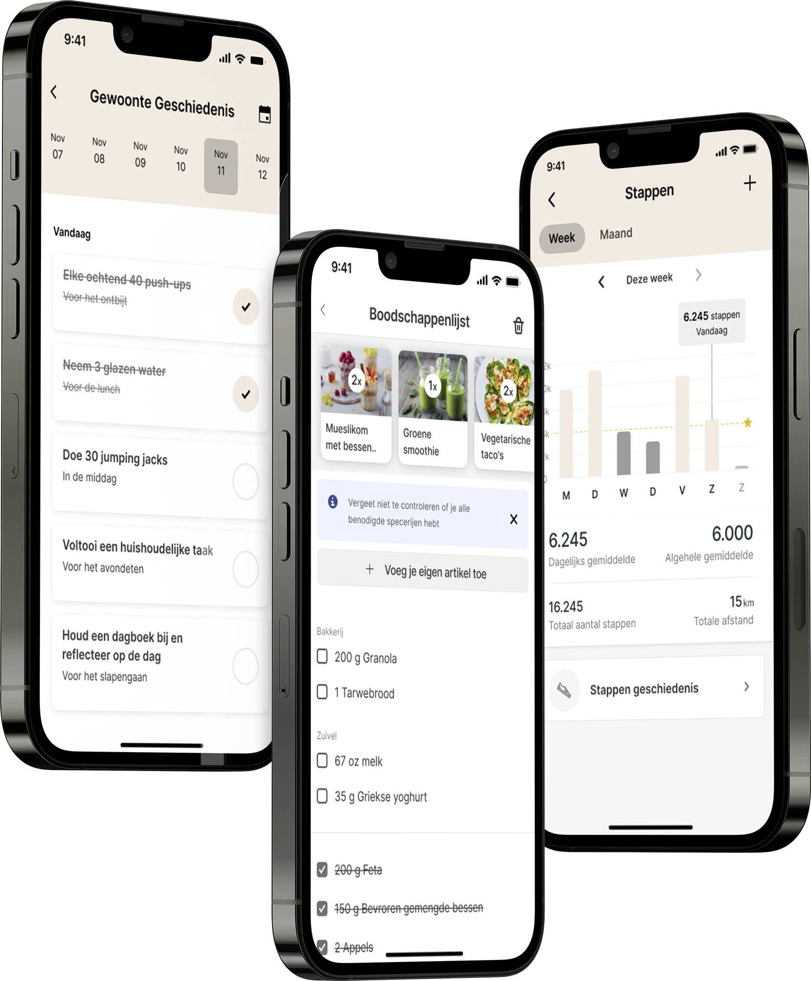 Een mockup van de coaching app die de functies laat zien.
